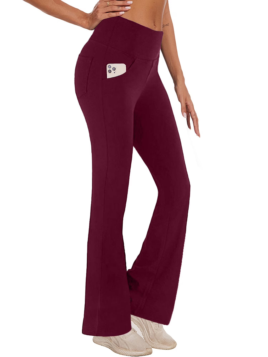 Womens Yoga Pants Flare Legging with Pockets Bootcut High Waist Lightweight Bottoms Workout Activewear Dark Red L