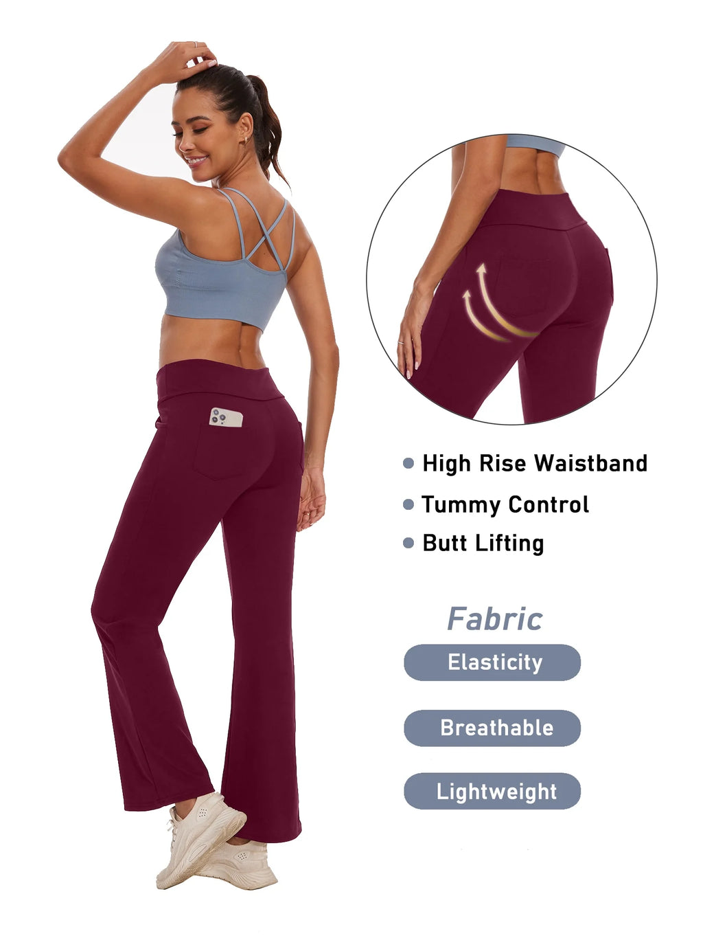 Womens Yoga Pants Flare Legging with Pockets Bootcut High Waist Lightweight Bottoms Workout Activewear Dark Red L