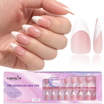 300PCS French Tip Press-On Nails – Almond Gel Nail Tips, Pink & White, Pre-Colored DIY Extensions