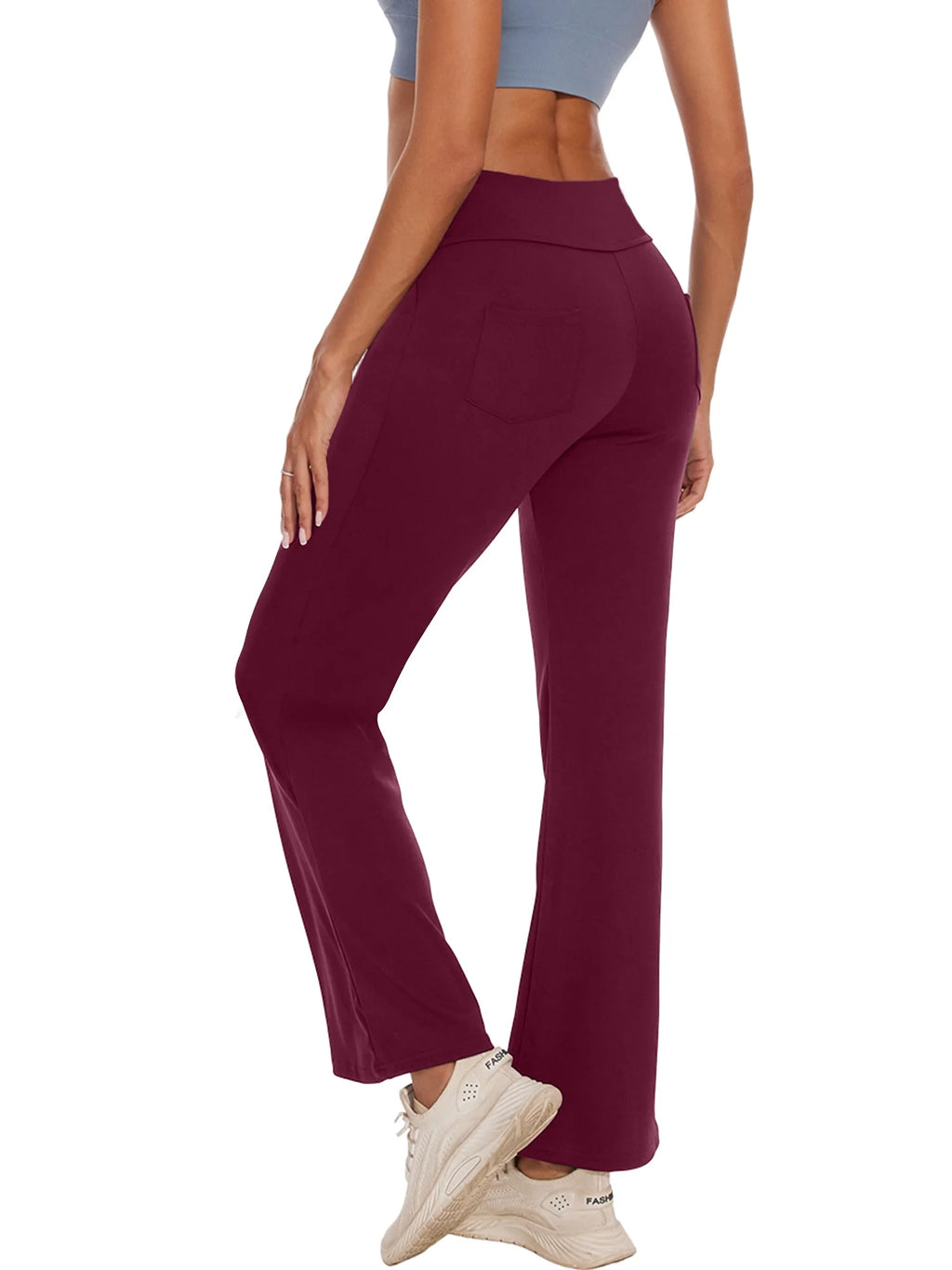 Womens Yoga Pants Flare Legging with Pockets Bootcut High Waist Lightweight Bottoms Workout Activewear Dark Red L