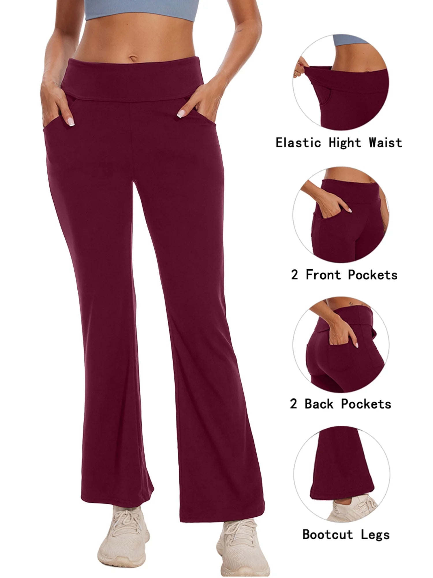 Womens Yoga Pants Flare Legging with Pockets Bootcut High Waist Lightweight Bottoms Workout Activewear Dark Red L